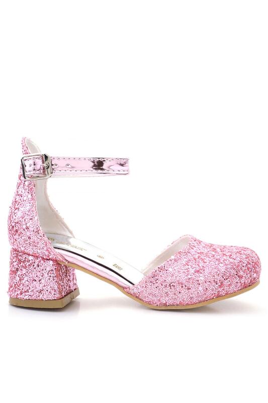 Merida Parlak Pembe Kalın Topuklu Taşlı Kız Çocuk Topuklu Ayakkabı - 1