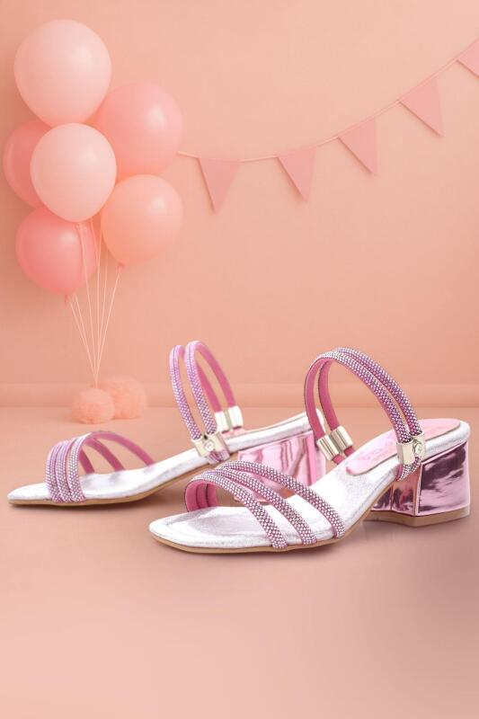 Judy Pembe Gümüş Taşlı Kız Çocuk Topuklu Terlik Ayakkabı - hapshoe kids