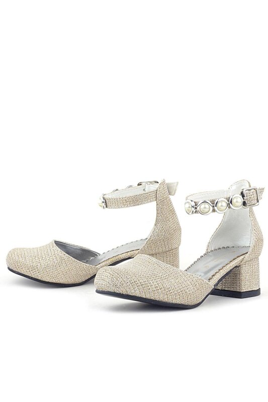 Merida Gold Simli Kalın Topuklu Taşlı Kız Çocuk Topuklu Ayakkabı - 4