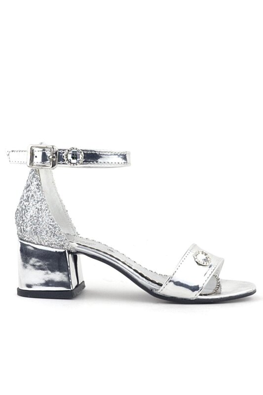 Elsa Gümüş Aynalı Simli Topuklu Taşlı Kız Çocuk Abiye Ayakkabı - 2