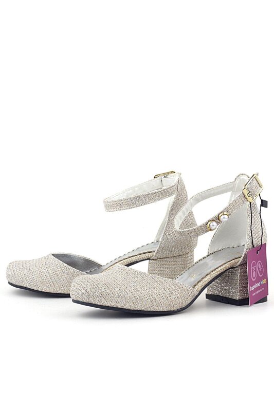 Merida Gold Simli Kalın Topuklu İnci Detaylı Kız Çocuk Topuklu Ayakkabı - 3