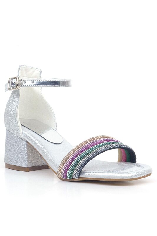 Tiara Renkli Taşlı Gümüş Kız Çocuk Abiye Topuklu Ayakkabı - 1