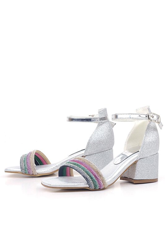 Tiara Renkli Taşlı Gümüş Kız Çocuk Abiye Topuklu Ayakkabı - 3
