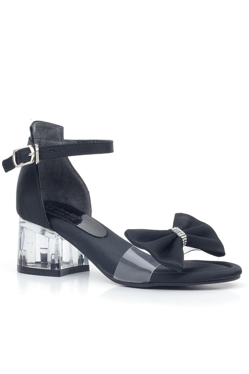 Jessie Siyah Saten Kurdeleli Kız Çocuk Topuklu Ayakkabı - 1