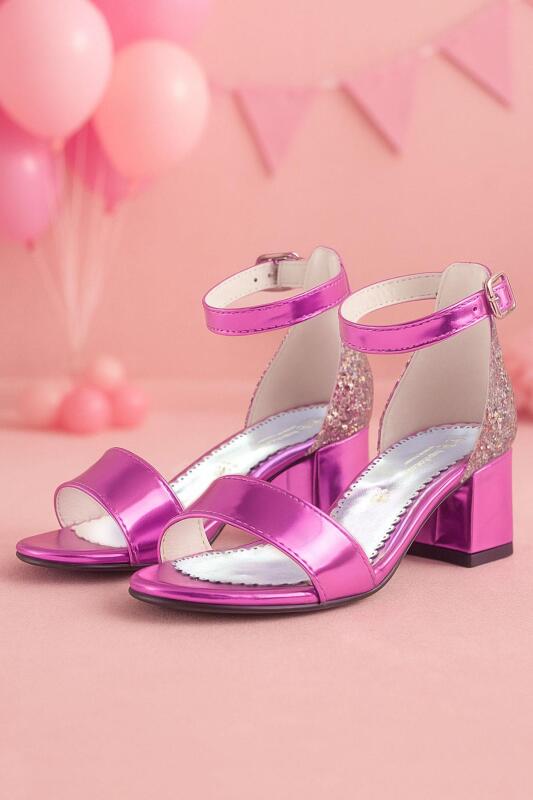 Elsa Fuşya Rugan Simli Kalın Topuklu Kız Çocuk Abiye Ayakkabı - hapshoe kids