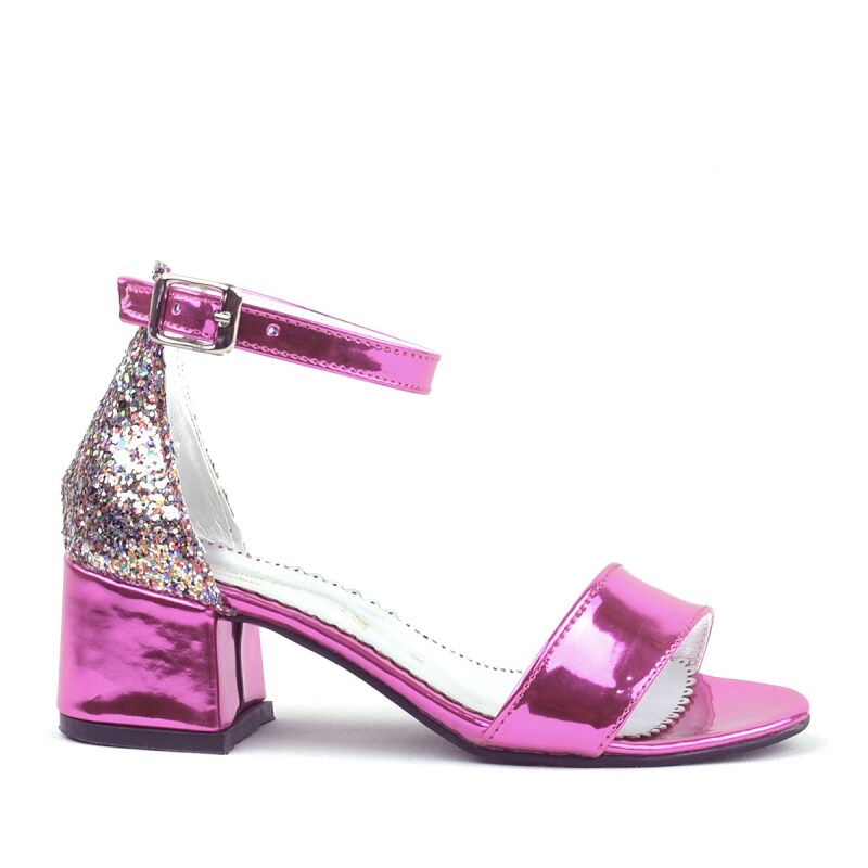 Elsa Fuşya Rugan Simli Kalın Topuklu Kız Çocuk Abiye Ayakkabı - 3