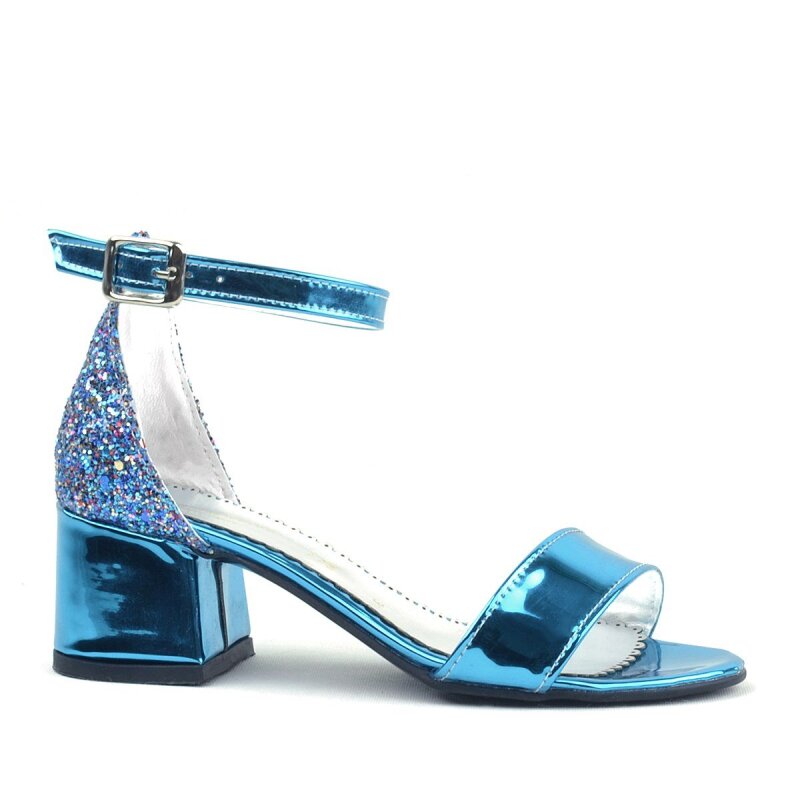 Elsa Mavi Rugan Simli Kalın Topuklu Kız Çocuk Abiye Ayakkabı - 3