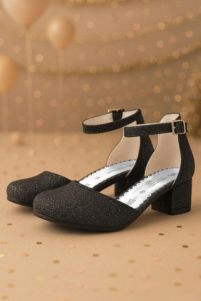 Merida Siyah Simli Kalın Topuklu Kız Çocuk Topuklu Ayakkabı - 1