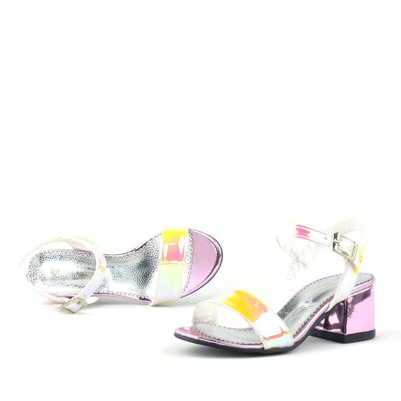 Pony Hologram Pembe-Sarı Kalın Topuklu Kız Çocuk Abiye Ayakkabı - 7