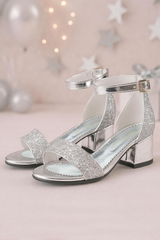 Elsa Gümüş Simli Kalın Topuklu Tek Bant Kız Çocuk Abiye Ayakkabı - hapshoe kids