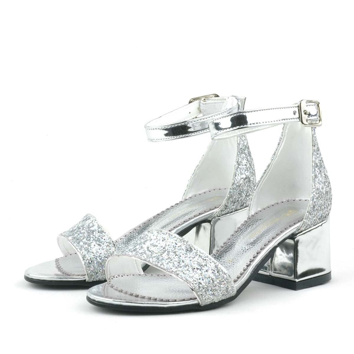 Elsa Gümüş Simli Kalın Topuklu Tek Bant Kız Çocuk Abiye Ayakkabı - 5