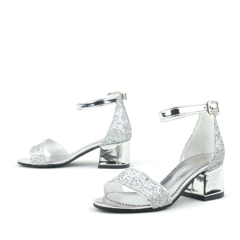 Elsa Gümüş Simli Kalın Topuklu Tek Bant Kız Çocuk Abiye Ayakkabı - 6
