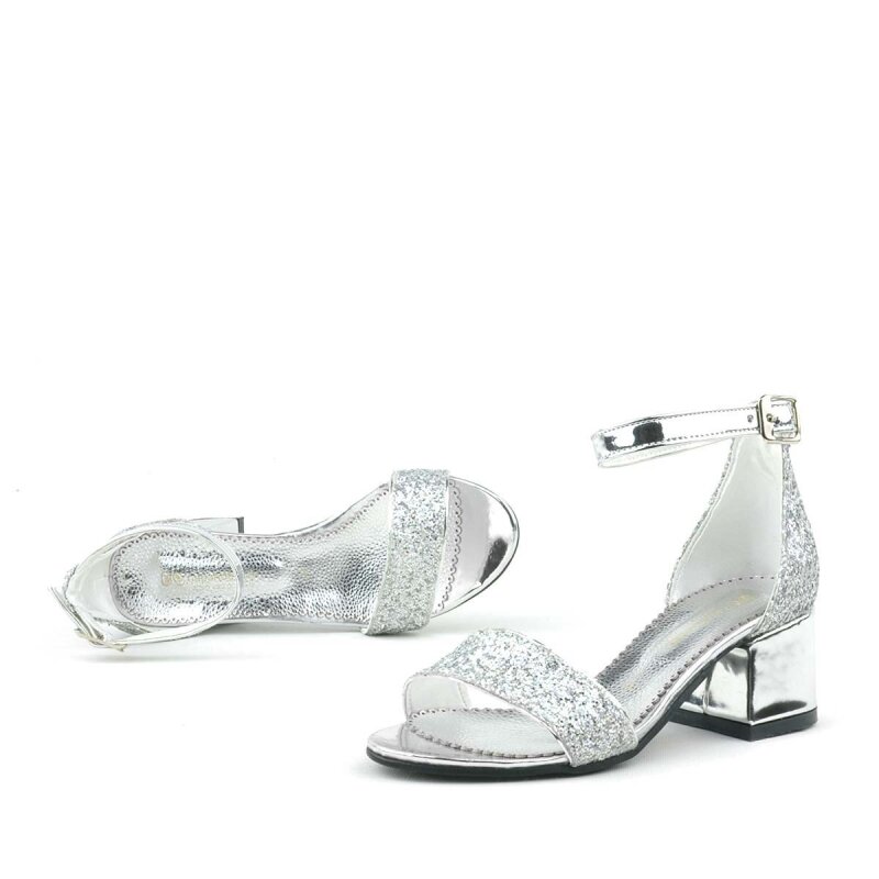 Elsa Gümüş Simli Kalın Topuklu Tek Bant Kız Çocuk Abiye Ayakkabı - 7