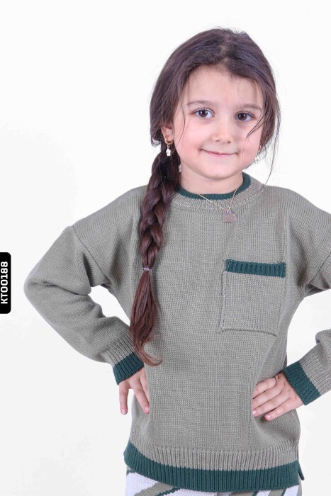 Kız Çocuk Yuvarlak Yakalı Cepli Kazaklı Çizgili Pantalonlu Alt Üst Takım 3-7 Yaş 2248 - 6
