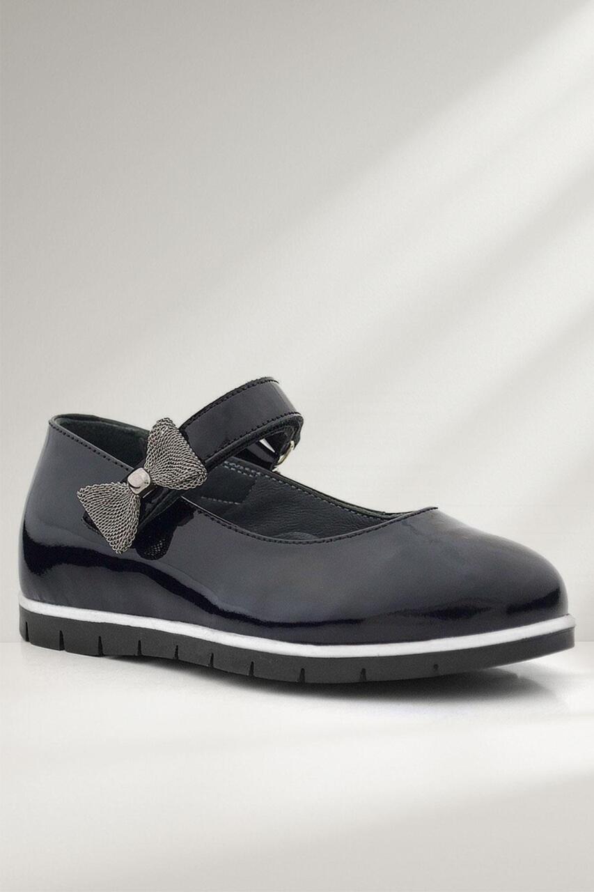 Rakerplus Hakiki Deri Siyah Rugan Kurdele Detaylı Kız Çocuk Babet - 1