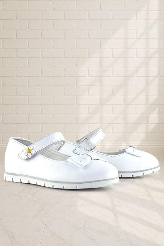 Rakerplus Hakiki Deri Beyaz Papatya Detaylı Cırtlı Kız Çocuk Babet Ayakkabı - 1