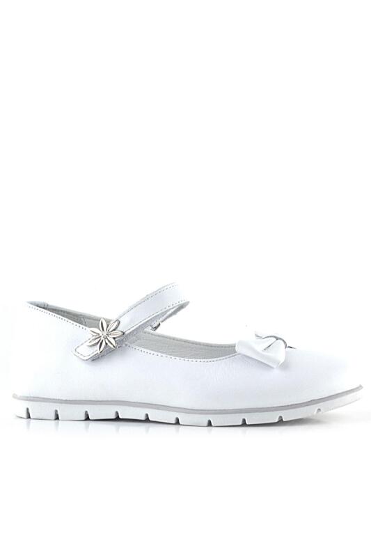 Rakerplus Hakiki Deri Beyaz Cırtlı Çiçek Detaylı Kız Çocuk Babet Ayakkabı - 2