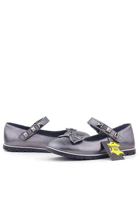 Rakerplus Hakiki Deri Platin Cırtlı Metal Detaylı Kız Çocuk Babet Ayakkabı - 7