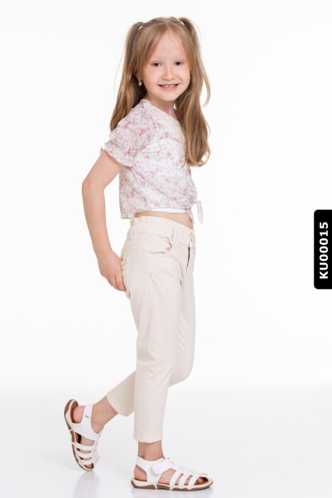 Pamuklu Çiçekli Dantel Yakalı Kız Çocuk Bluz 4-8 Yaş 34552 Ekru - Pudra - 3