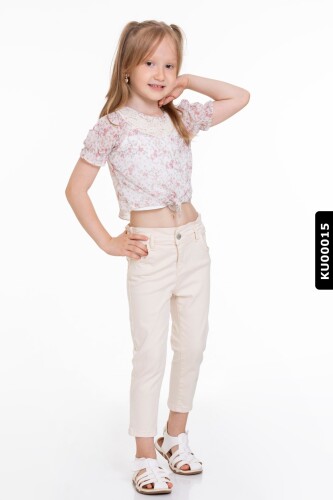 Pamuklu Çiçekli Dantel Yakalı Kız Çocuk Bluz 4-8 Yaş 34552 Ekru - Pudra - 1