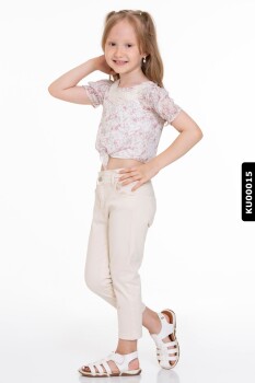 Pamuklu Çiçekli Dantel Yakalı Kız Çocuk Bluz 4-8 Yaş 34552 Ekru - Pudra - 7