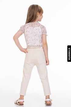 Pamuklu Çiçekli Dantel Yakalı Kız Çocuk Bluz 4-8 Yaş 34552 Ekru - Pudra - 8