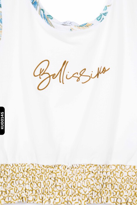 Lastik Belli Kolsuzlu Aplike Nakışlı Kız Çocuk Bluz 4-8 Yaş 36539 Ekru - 5