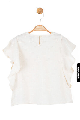 Melek Kollu O Yakalı Arka Düğmeli Ajurlu Kız Çocuk Bluz 8-14 Yaş 36361 Krem - 2