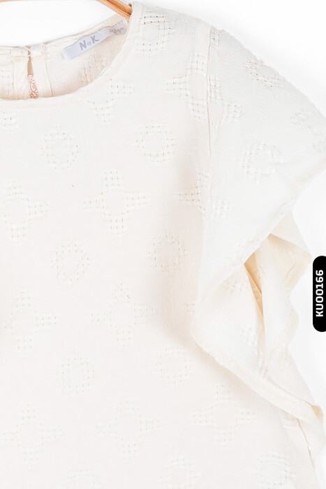 Melek Kollu O Yakalı Arka Düğmeli Ajurlu Kız Çocuk Bluz 8-14 Yaş 36361 Krem - 3