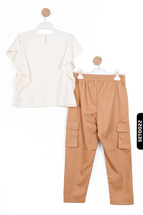 Melek Kollu O Yakalı Arka Düğmeli Ajurlu Kız Çocuk Bluz 8-14 Yaş 36361 Krem - 5