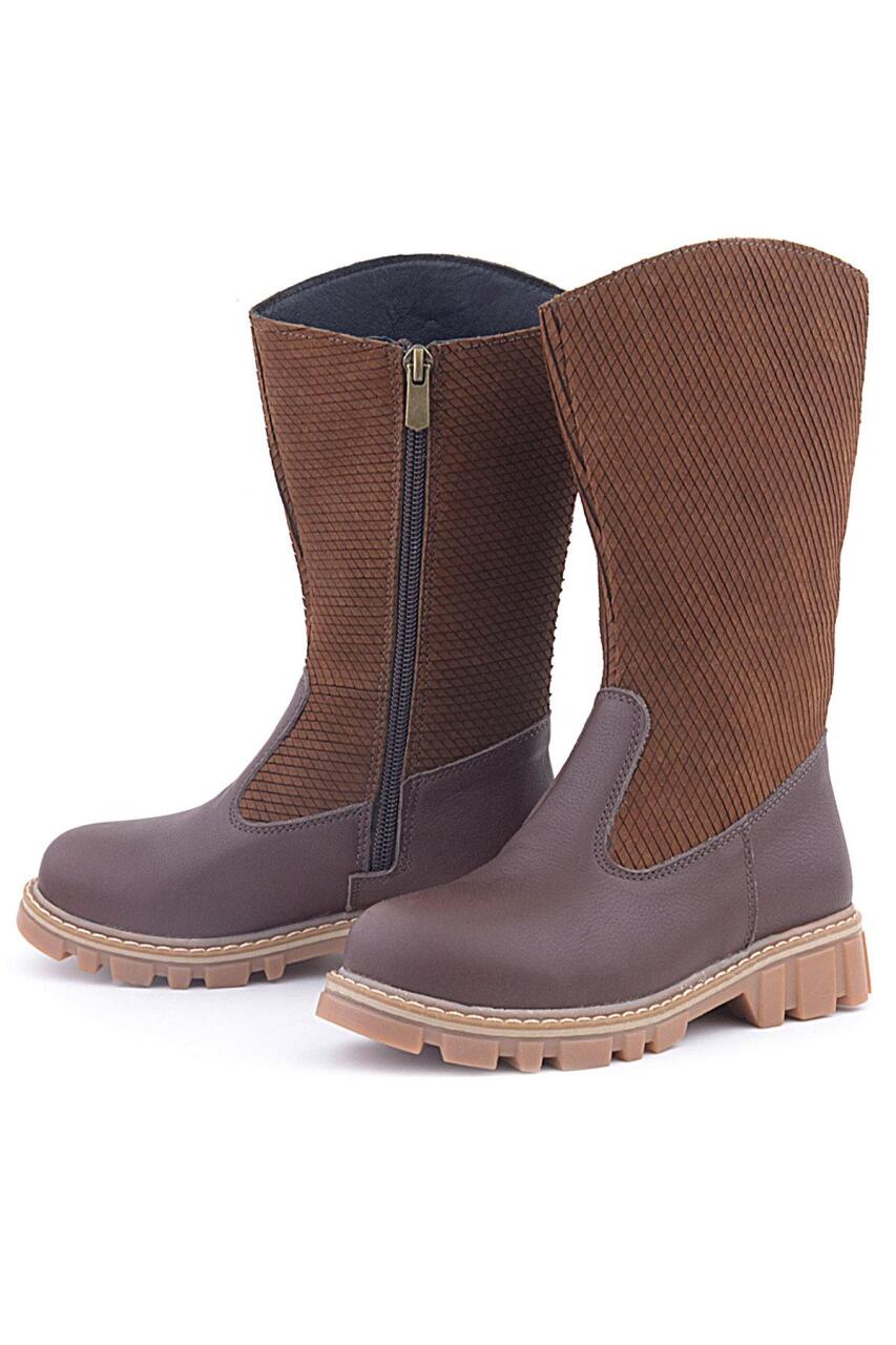 Rakerplus Hakiki Deri Taba Kahve Fermuarlı Uzun Kız Çocuk Çizme - 2