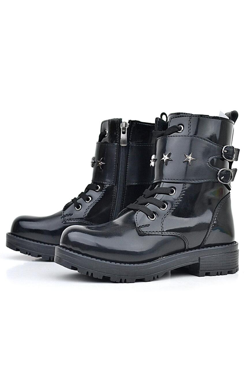 Rakerplus Siyah Rugan Bağcıklı Fermuarlı Yıldız Detaylı Kız Çocuk Bot - 3