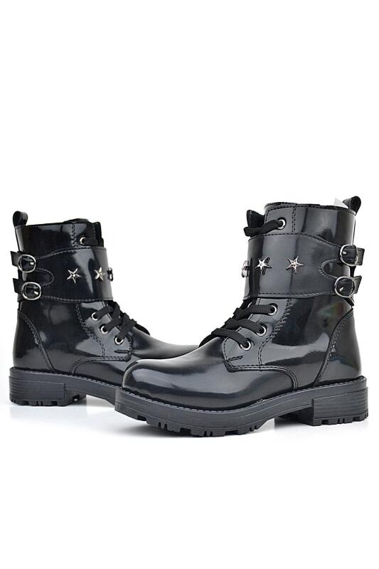 Rakerplus Siyah Rugan Bağcıklı Fermuarlı Yıldız Detaylı Kız Çocuk Bot - 4