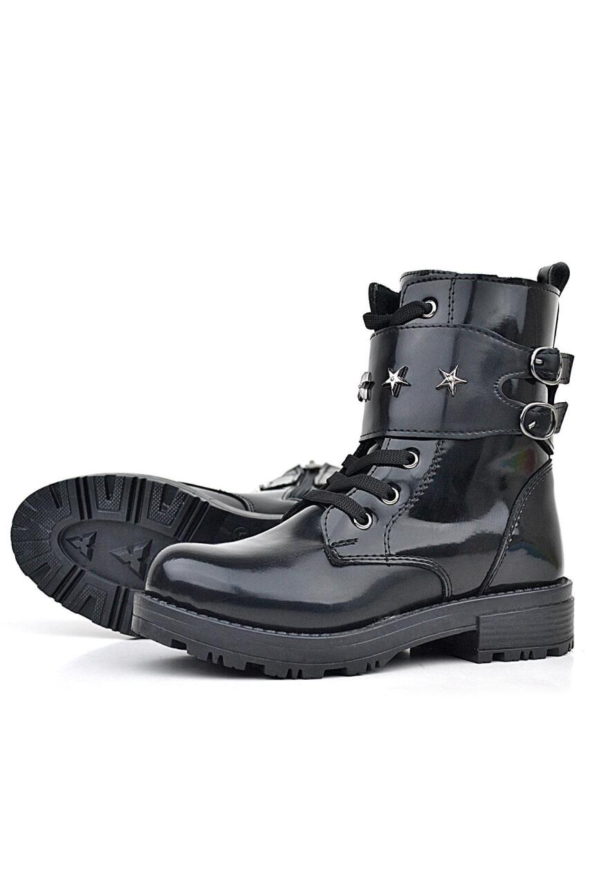 Rakerplus Siyah Rugan Bağcıklı Fermuarlı Yıldız Detaylı Kız Çocuk Bot - 5