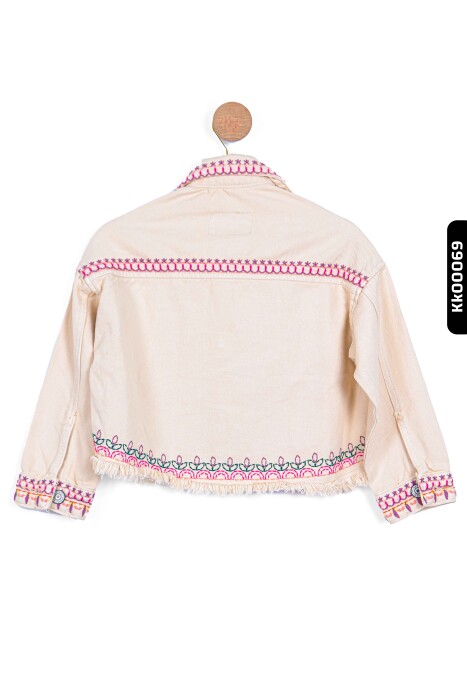 Nakışlı Sivri Yaklı Çift Cepli Düğmeli Kız Çocuk Ceket 5-14 Yaş 24227 Pembe - 4