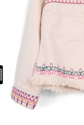 Nakışlı Sivri Yaklı Çift Cepli Düğmeli Kız Çocuk Ceket 5-14 Yaş 24227 Pembe - 6