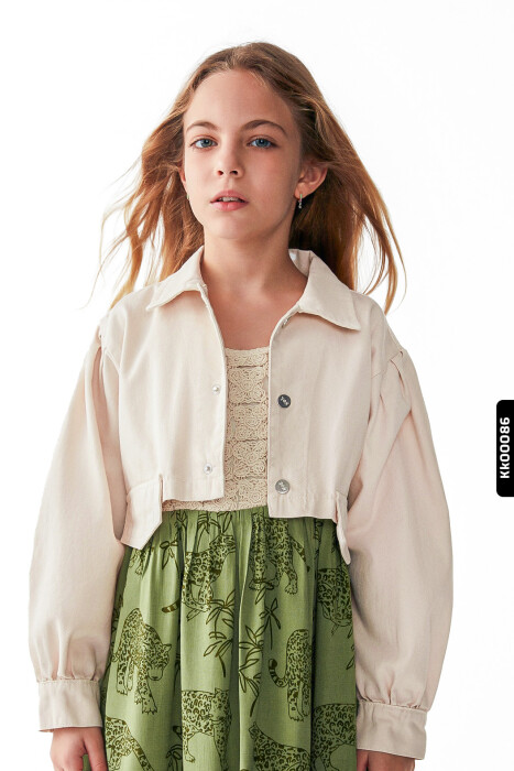 Düğmeli Polo Yakalı sahte Çift Cepli Düz Renk Kız Çocuk Ceket 8-14 Yaş 36704 Krem - 2