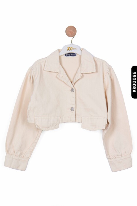 Düğmeli Polo Yakalı sahte Çift Cepli Düz Renk Kız Çocuk Ceket 8-14 Yaş 36704 Krem - 4