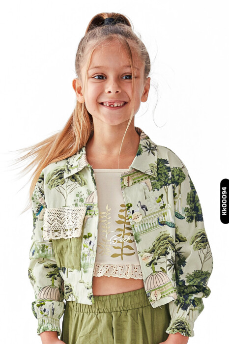 Sivri Yakalı Düğmeli Tek Cepli Büzgü Kollu Kız Çocuk Gömlek 4-8 Yaş 36501 Haki - 1