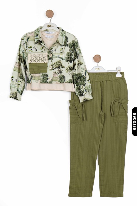 Sivri Yakalı Düğmeli Tek Cepli Büzgü Kollu Kız Çocuk Gömlek 4-8 Yaş 36501 Haki - 4