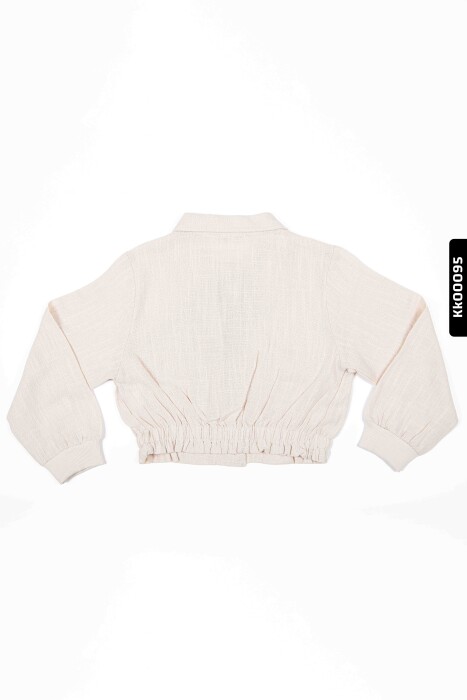 Sivri Yakalı Düğmeli Lastik Belli Büzgü Kollu Kız Çocuk Ceket 4-8 Yaş 36514 Krem - 2