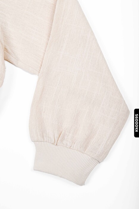 Sivri Yakalı Düğmeli Lastik Belli Büzgü Kollu Kız Çocuk Ceket 4-8 Yaş 36514 Krem - 3