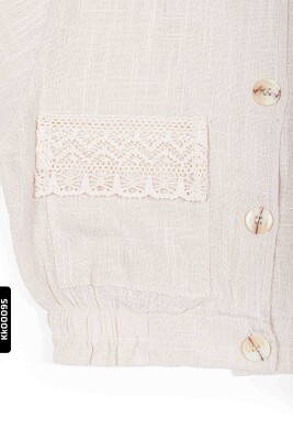 Sivri Yakalı Düğmeli Lastik Belli Büzgü Kollu Kız Çocuk Ceket 4-8 Yaş 36514 Krem - 4