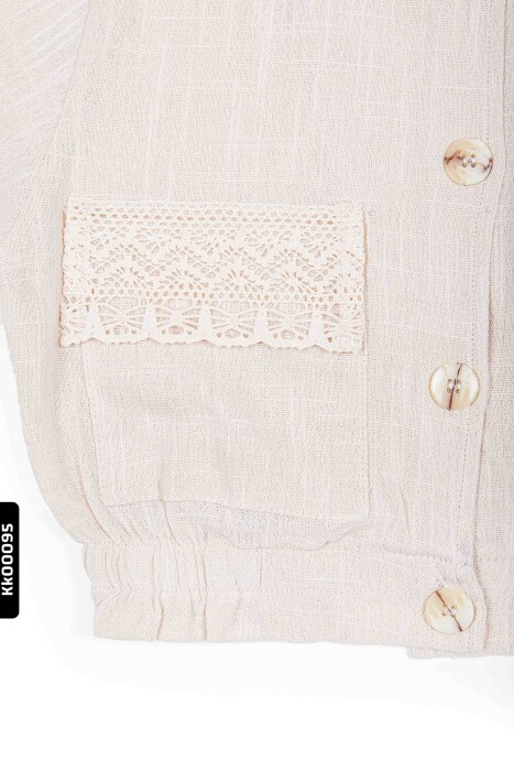 Sivri Yakalı Düğmeli Lastik Belli Büzgü Kollu Kız Çocuk Ceket 4-8 Yaş 36514 Krem - 4