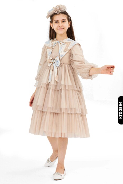 Bohçalı Dantel Yakalı Fırfırlı Mendil Kollu 3'lü Kız Çocuk Elbise 4-12 Yaş 6501 Kahverengi - 2