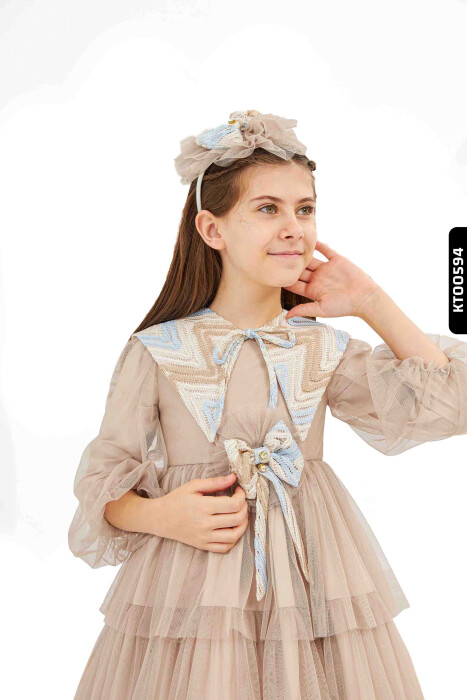 Bohçalı Dantel Yakalı Fırfırlı Mendil Kollu 3'lü Kız Çocuk Elbise 4-12 Yaş 6501 Kahverengi - 3