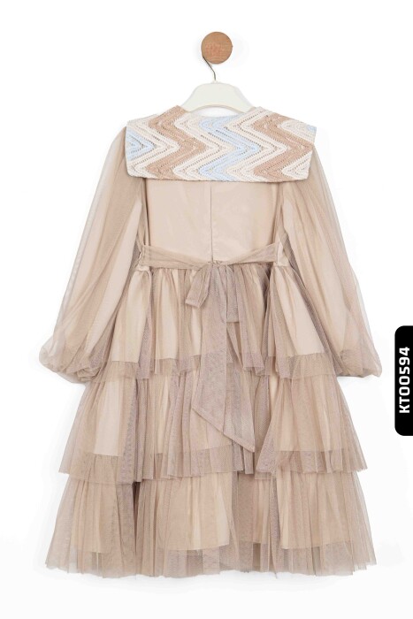 Bohçalı Dantel Yakalı Fırfırlı Mendil Kollu 3'lü Kız Çocuk Elbise 4-12 Yaş 6501 Kahverengi - 5