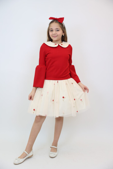 Kız Çocuk Elbise 3-12 Yaş 3955 Kırmızı - 8