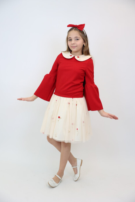 Kız Çocuk Elbise 3-12 Yaş 3955 Kırmızı - 9