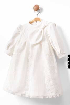 Bohçalı Çiçekli Ajurlu Büzgülü Dik Yakalı A-Line Kalıplı Kız Çocuk Elbise 2-6 Yaş 10043 Beyaz - 2